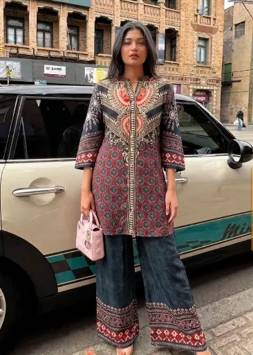 [3064] Rust & Indigo Kalamkari Printed Pure Natural Crepe Co-ord Set