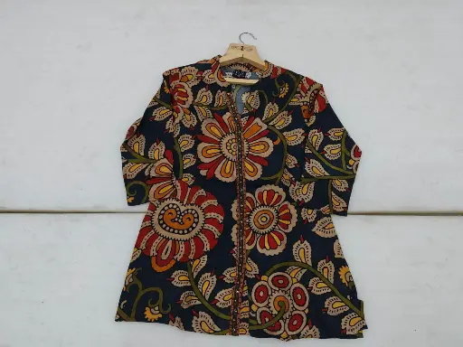 [3067] Navy Blue Kalamkari Floral Viscous Crepe Tunic