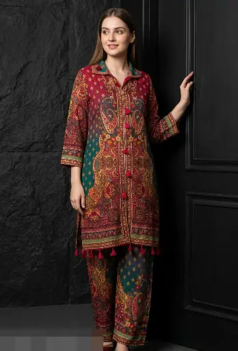 [3069] Magenta Pink & Teal Paisley Viscous Crepe Co-ord Set
