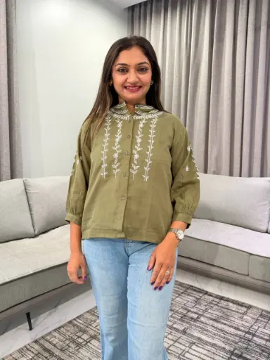 [3088] Olive Green Floral Thread Embroidered Imported Cotton Top