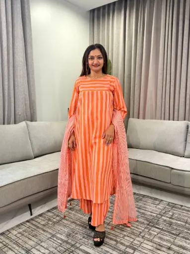 [3274] Orange & Peach Striped Pure Cotton 3-Piece Kurta Set