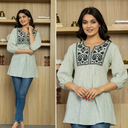 Gray Black Cotton Dobby Embroidered Top