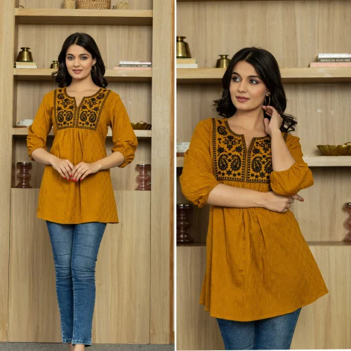 Mustard Black Cotton Dobby Embroidered Top