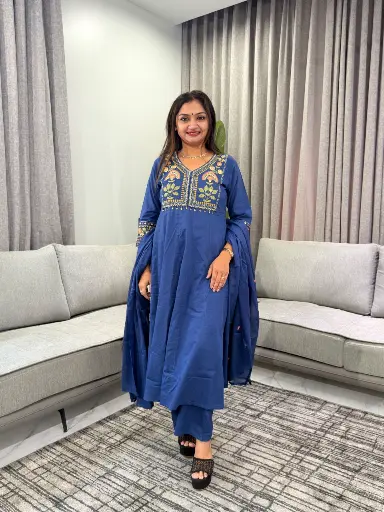 [3330] Royal Blue Floral Embroidered Pure Soft Flex Cotton 3-Piece Kurta Set