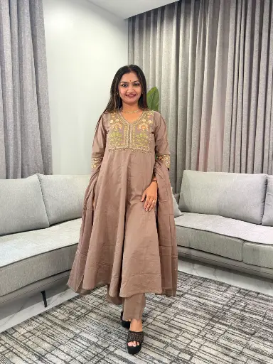 [3331] Taupe Brown Floral Embroidered Pure Soft Flex Cotton 3-Piece Kurta Set