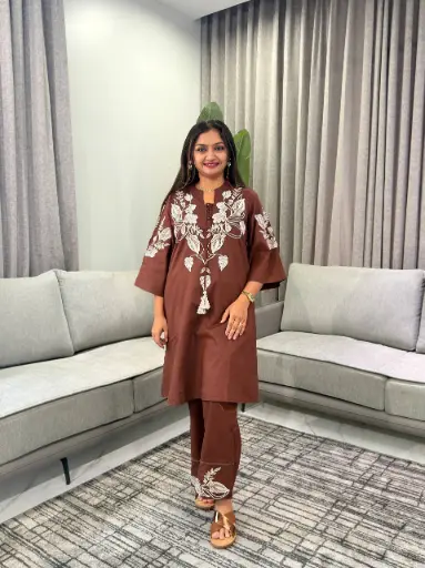 [3332] Brown Floral Embroidered Pure Mull Mull Cotton Co-Ord Set