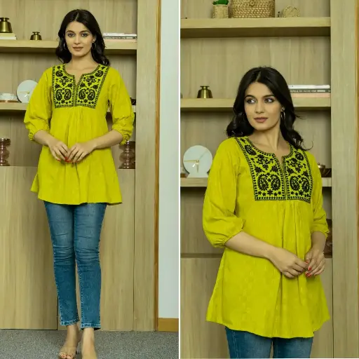 Green Black Cotton Dobby Embroidered Top