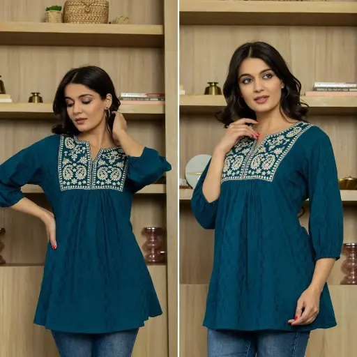 Teal White Cotton Dobby Embroidered Top
