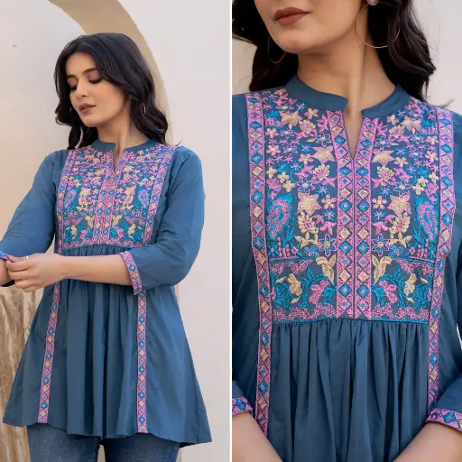 Pegion Blue Floral Embroidered Cotton Tunic