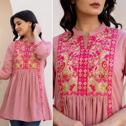 Swan Pink Floral Embroidered Cotton Tunic