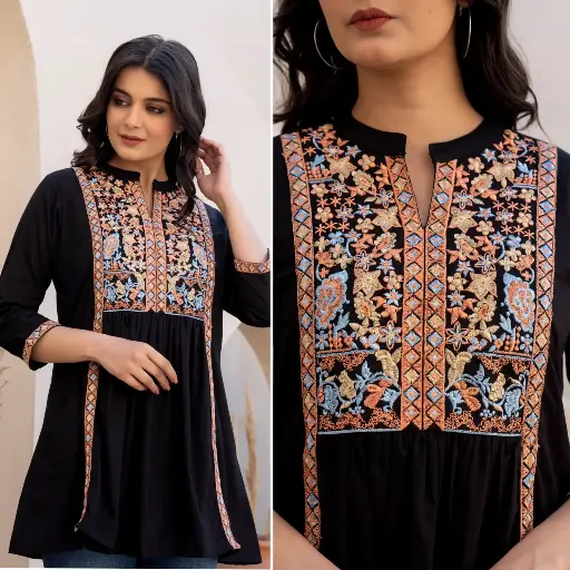 Moonlight Black Floral Embroidered Cotton Tunic