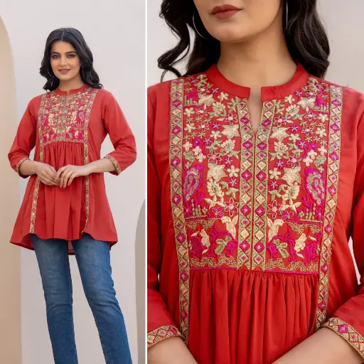 Blush Red Floral Embroidered Cotton Tunic