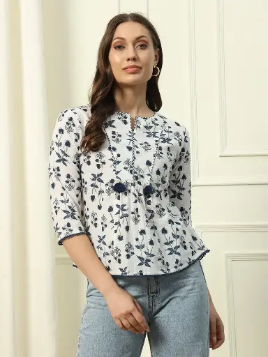 White Cotton Top with Lace Detail and Printed Pattern