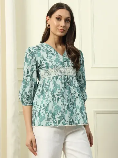 Sky Blue Cotton Top with Lace Detail and Printed Pattern