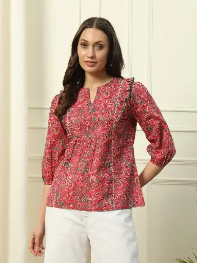 Red Floral Printed Cotton Top