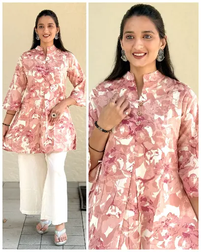 Dusty Pink Floral Flex Cotton Tunic Top for Women