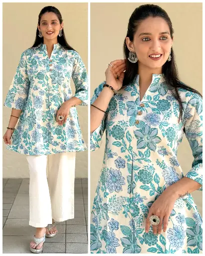 Cyan Floral Flex Cotton Tunic Top for Women