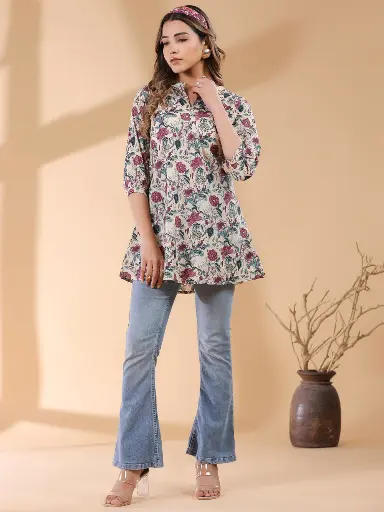 Beige Pure Cotton Floral Printed Straight Tunic