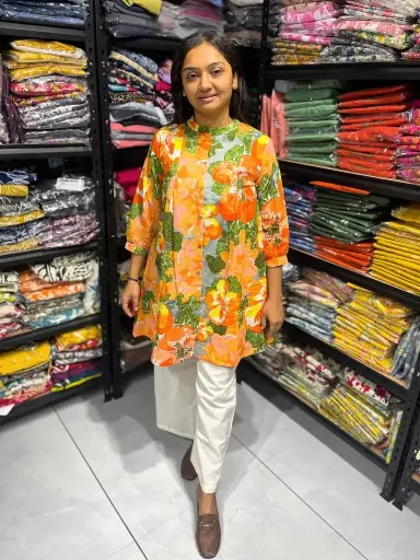 Orange & Green Mal Cotton Floral A-line Tunic