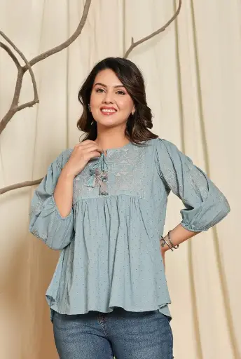 Sky Blue Embroidered Tie-Up Neck Cuff Sleeve Tunic