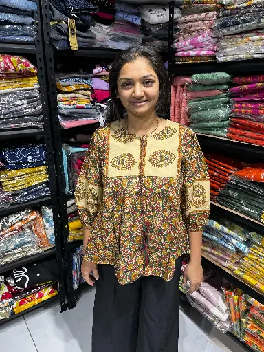 Green Printed Chambray Round Neck Tunic
