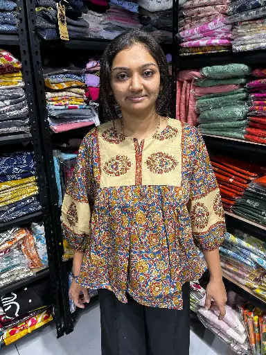 Blue Printed Chambray Round Neck Tunic