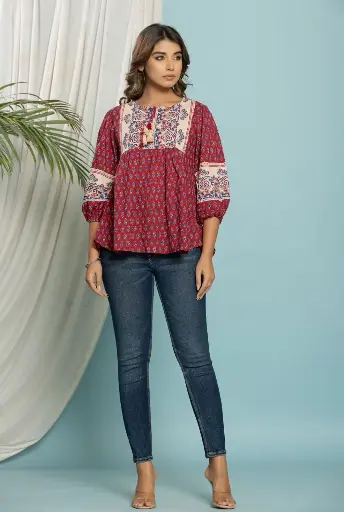 Red Pure Cotton Puff Sleves Tunic