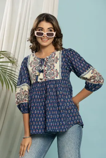 Blue Pure Cotton Puff Sleves Tunic