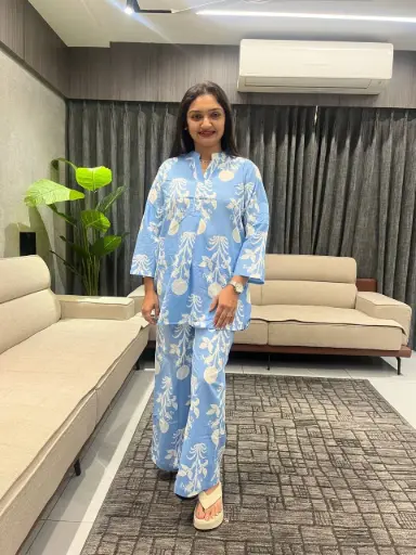 Sky Blue Floral Printed Cotton Printed Co-ord Set