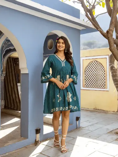 Teal Pure Cotton Embroidery Dress