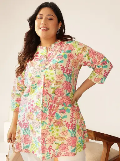 Plus Size Cream Pure Cotton Floral Printed A-line Tunic