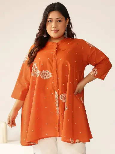 Plus Size Orange Pure Cotton Floral Printed A-line Tunic