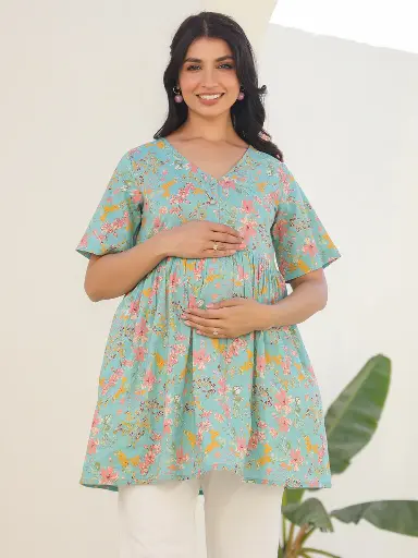 Maternity Blue Pure Cotton Floral Printed A-line Tunic