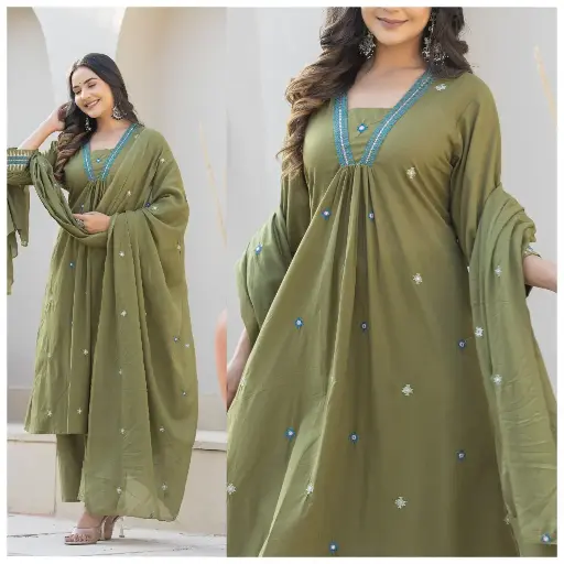Mahendi Solid Embroidered A-Line 3pcs Kurta set