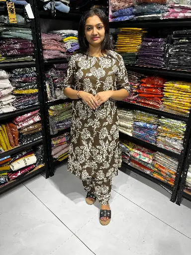 Coffee Brown Cotton Printed Kurta Set