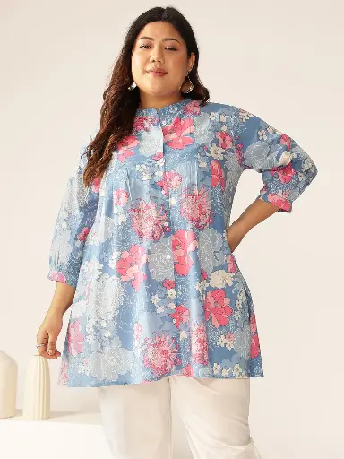 Plus Size Blue Pure Cotton Floral Printed A-line Tunic