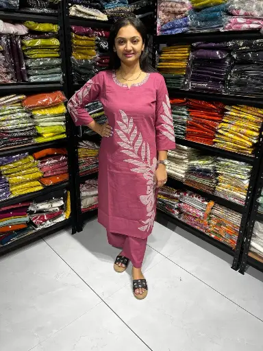 Pink Cotton Embroidered 2-Piece Kurti Set