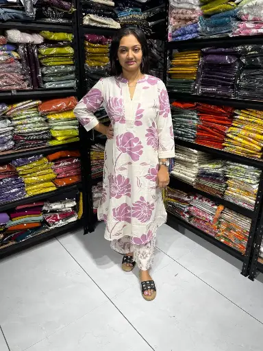 Off White Cotton Floral Printed 2-Piece Kurti Set