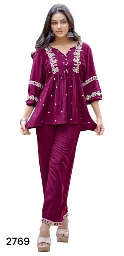 Wine Grace Embroidery Accent Co-ord Set