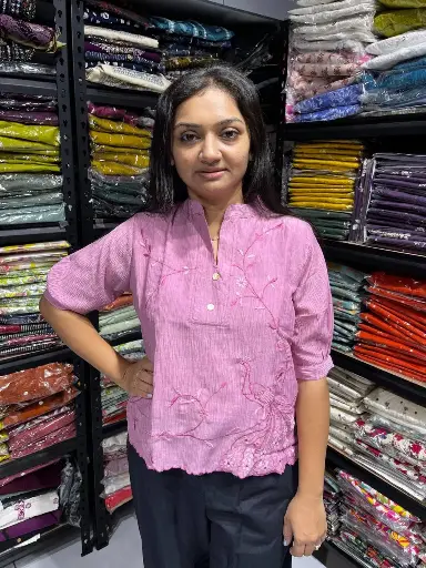 Pink Bloom Half-Sleeve Embroidered Top