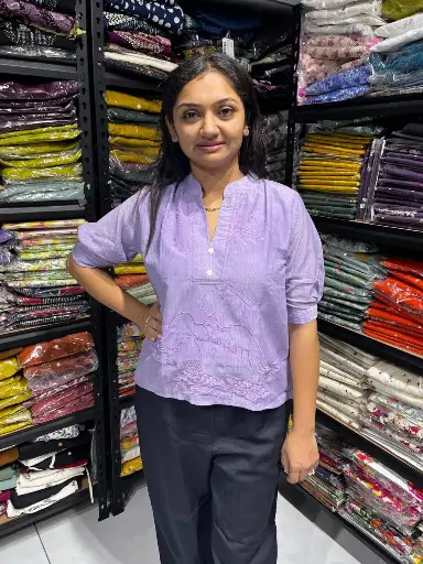 Purple Bloom Half-Sleeve Embroidered Top