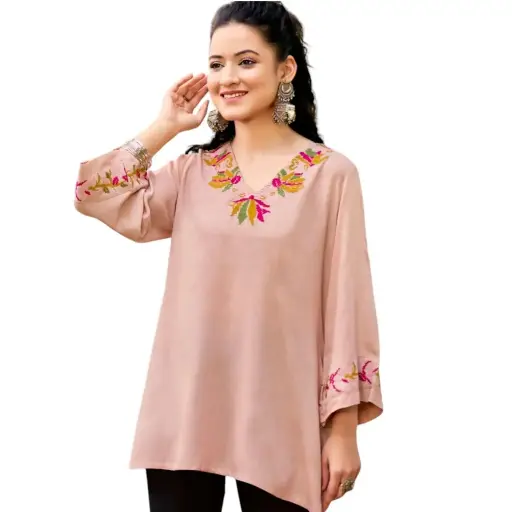 Peach V-Neck Embroiederied Tunic