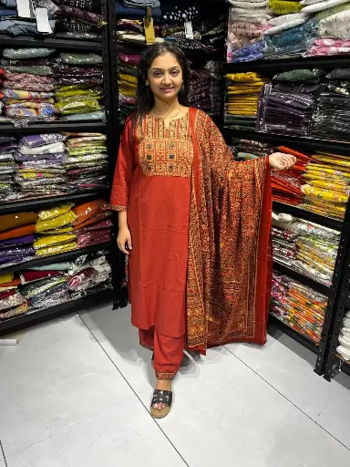 Rust Orange Mal Cotton Printed 3 Piece Set