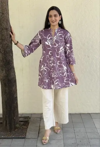 Dark Pink Off White Floral Khadi Cotton Printed Tunic