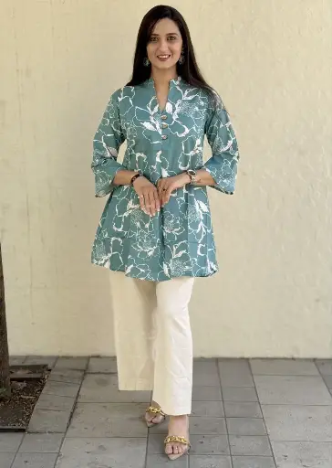 Rama Green Off White Floral Khadi Cotton Printed Tunic