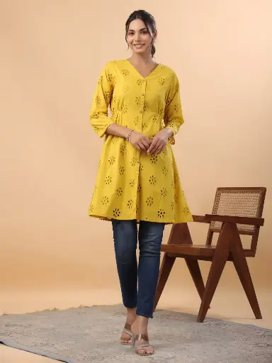 [388M] Mustard Cotton Schiffli A-Line Tunic