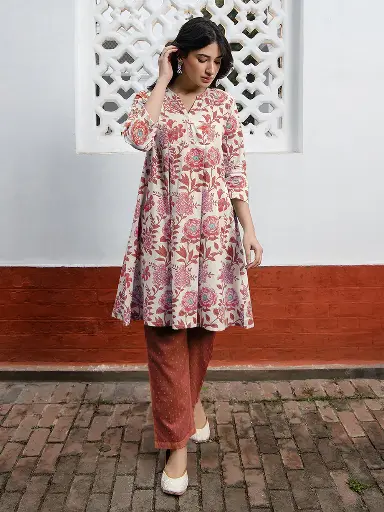 Off White Pure Cotton Floral Printed A-line Tunic