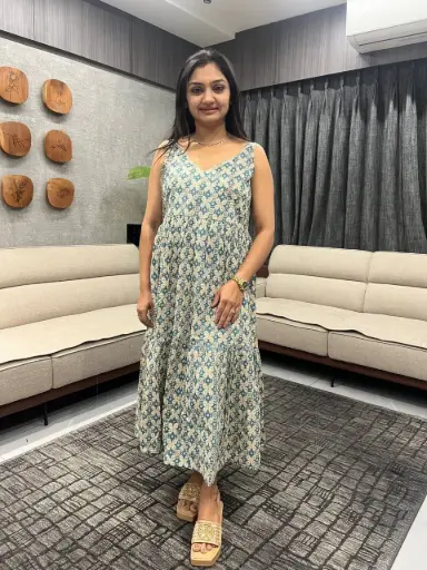 Beige Pure Cotton Ethnic Motifs Printed Tiered Dress