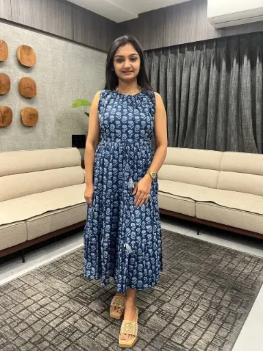 Indigo Pure Cotton Floral Printed Tiered Dress