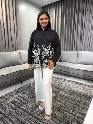 Black Cotton Off White Embroidered Shirt Top